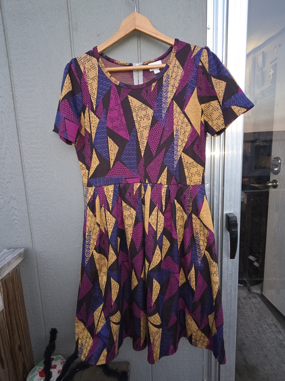 LuLaRoe Midi Dress in Purple, Gold & Black Geometric Print